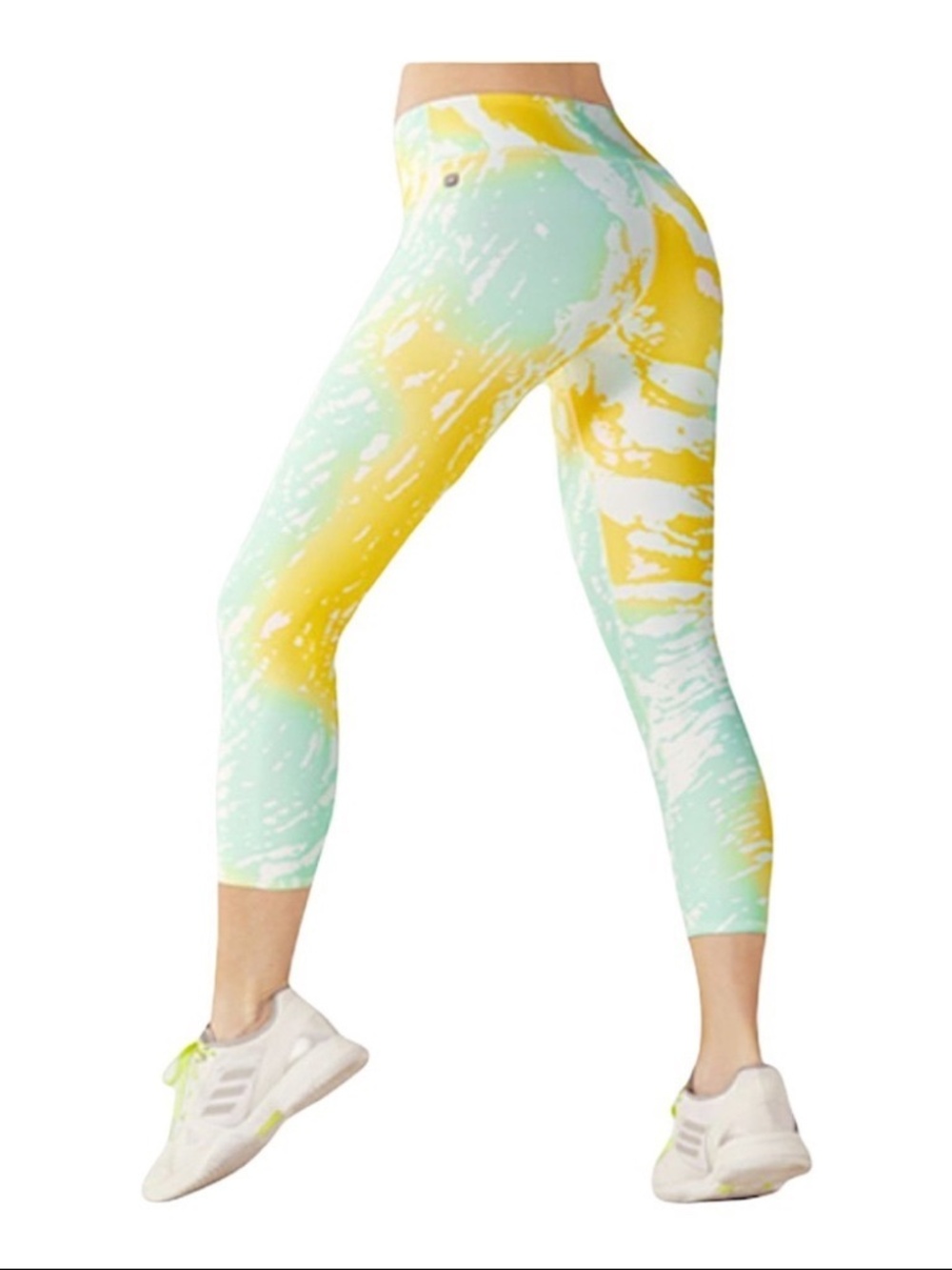 Fabletics PowerLite Capri Leggings XS Yellow Mint Tie Dye Print Mid Rise Athleti